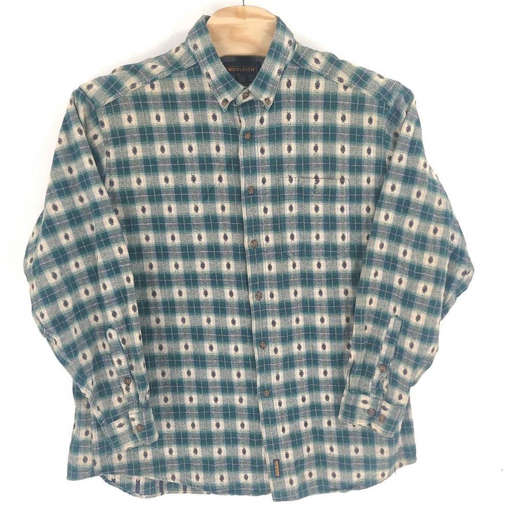 Woolrich Flannel Shirt Mens 2XL XXL Green Southwestern Plaid Cotton Outdoor